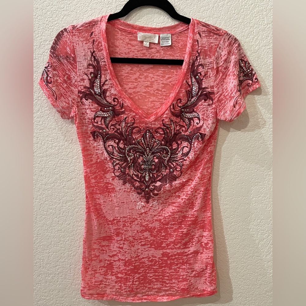 Miss Me Embellished V-Neck Top Pink/Red